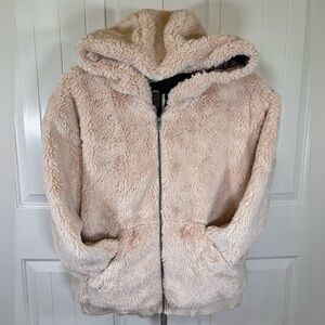 Vintage Havana faux fur hooded zip-up teddy jacket, cream brown, size large